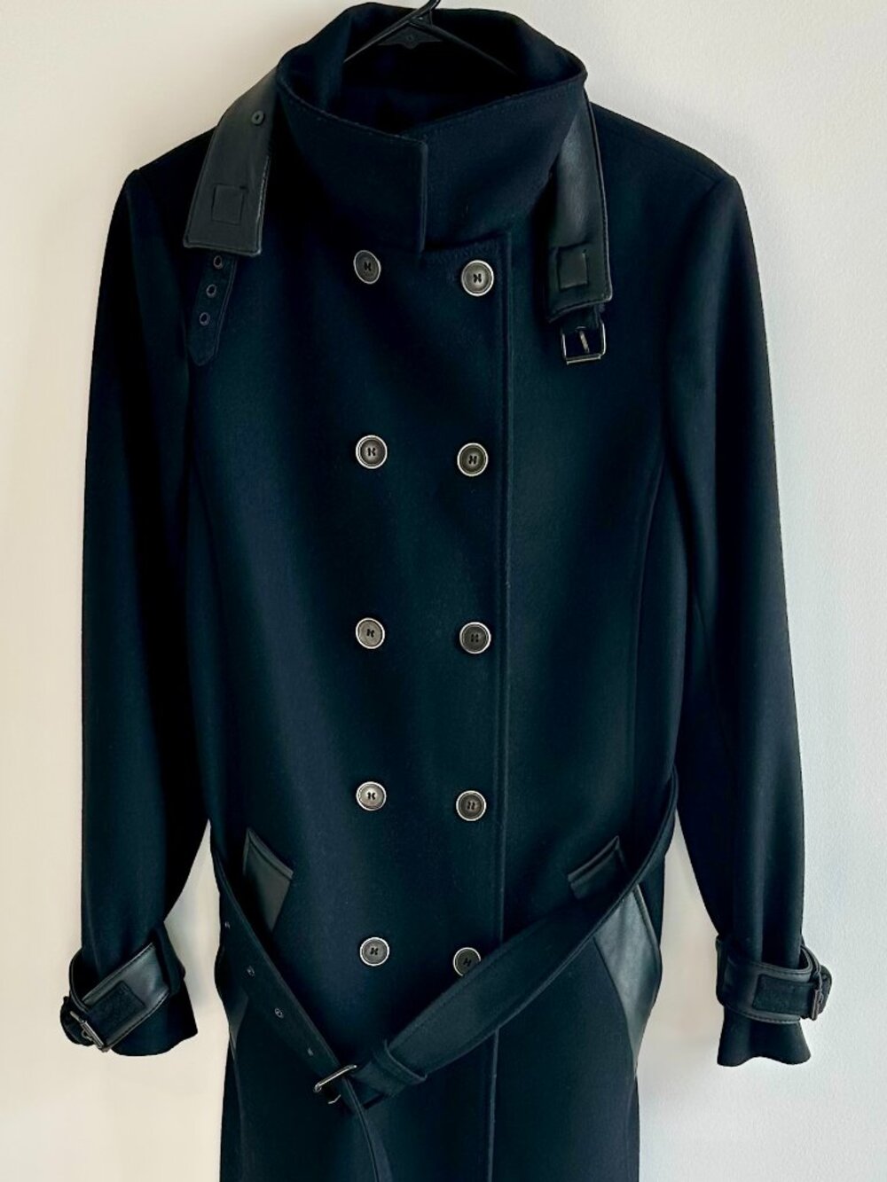 The Kooples Black Wool-Blend Trench Coat with Leather Trim, Women's Size EU 34